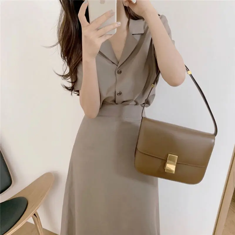 2 Pcs Sets Women Elegant Korean Style Office Ladies Slim Outfits Summer Turn-down Collar Design Simple Daily Tops Skirt Popular