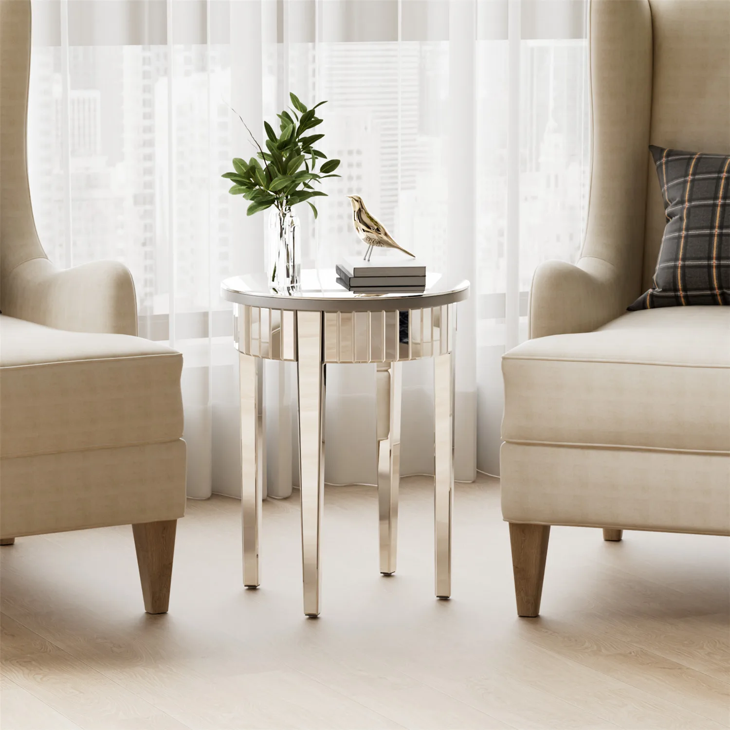 2-Tier Modern Small Sofa Table with Storage Round Side Table Mirrored Silver Accent Table for Living Room