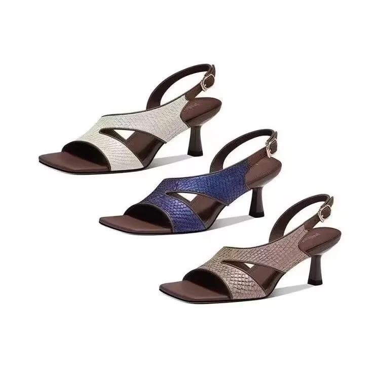 

Women's Sandals Fashion Square Head Designer Sandals Quality Leather High-heeled Sandals Summer Open-toed One-word Buckle Sandal