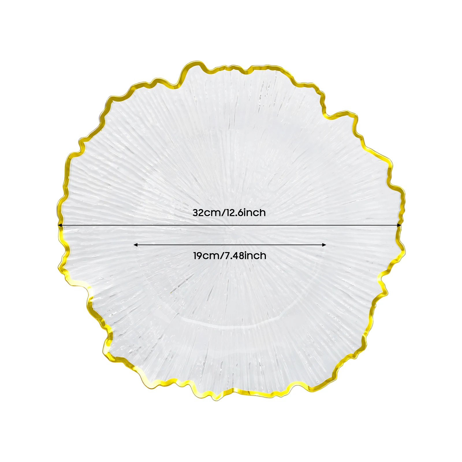 25 Pack Clear Gold Floral Rim PS Round Charger Plates, 32cm Outer Size Hot Stamping Finish Stackable Reusable Table Catering Accessories, Recessed Anti-spill Base Burr-free Soft Edge Manual Washing Only