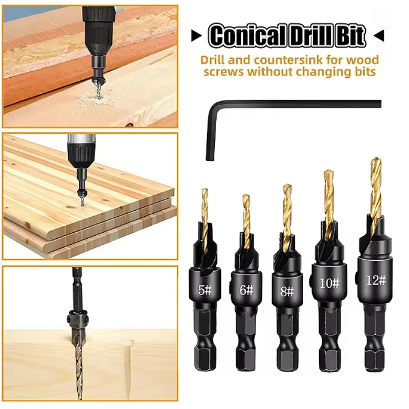 4/5PCS 5#-12# Conical Countersink Drill Woodworking Drilling Pilot Holes HSS Universal Counterbore Cutt