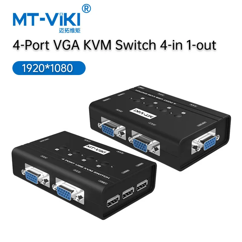 

MT-VIKI 4 Port VGA KVM Switch 4 In 1 Out Share Monitor Keyboard Mouse Printer for 4 Desktop & Laptop Computers MT-460KL