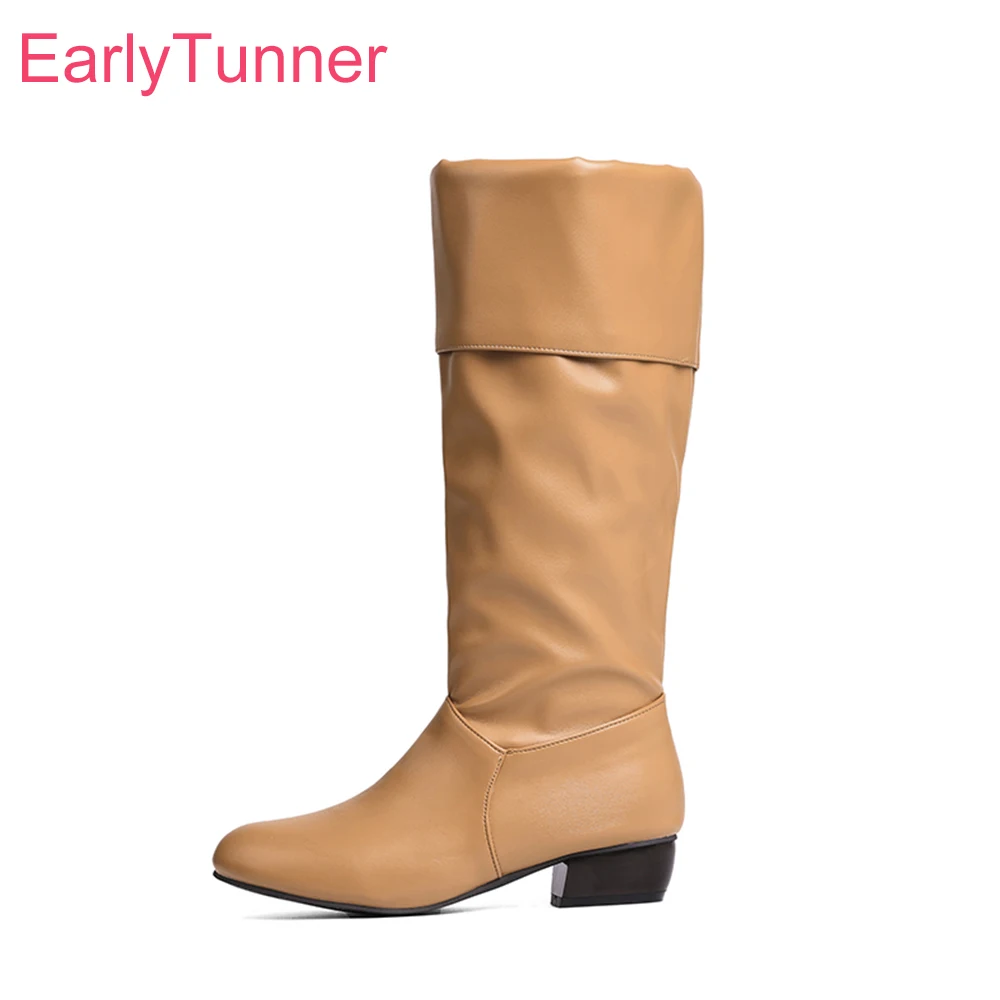 

2026 New Winter Comfortable Apricot White Women Mid Calf Riding Boots Med Chunky Heel Lady Dress Shoes Plus Big Size 12 43 45 47