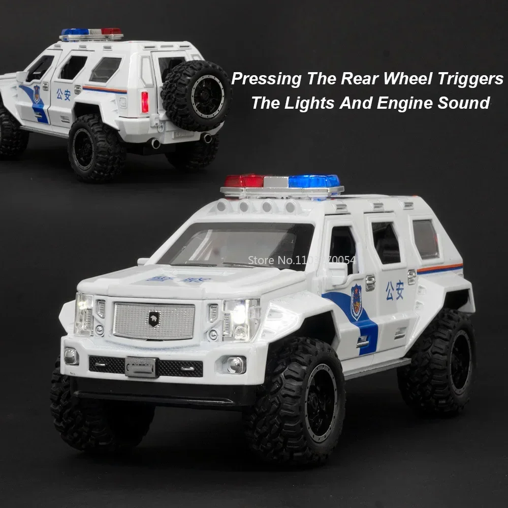 Modèle de voiture de police en alliage moulé sous pression, véhicules miniatures, portes ouvertes, son et lumière, dos côtelé, caoutchouc, jouets d'opathie, cadeau d'anniversaire pour garçon, 1:24