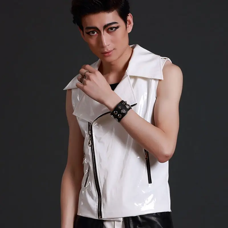 

Man Boy's Rivets Punk Rock Dance White Leather Vest Tank Stage Show Live Music Festival Drums Gutiar Costumes