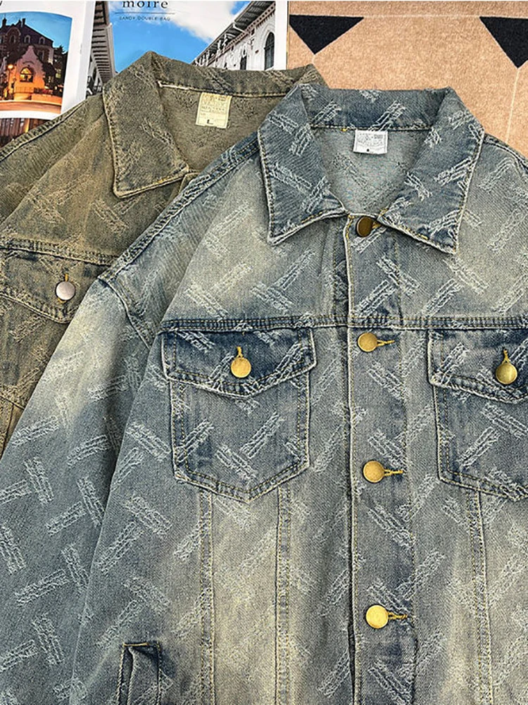 

Washed Jacquard Denim Jacket For Men Streetwear Vintage Lapel Blue Jackets American Fashion High Street Autumn Coat