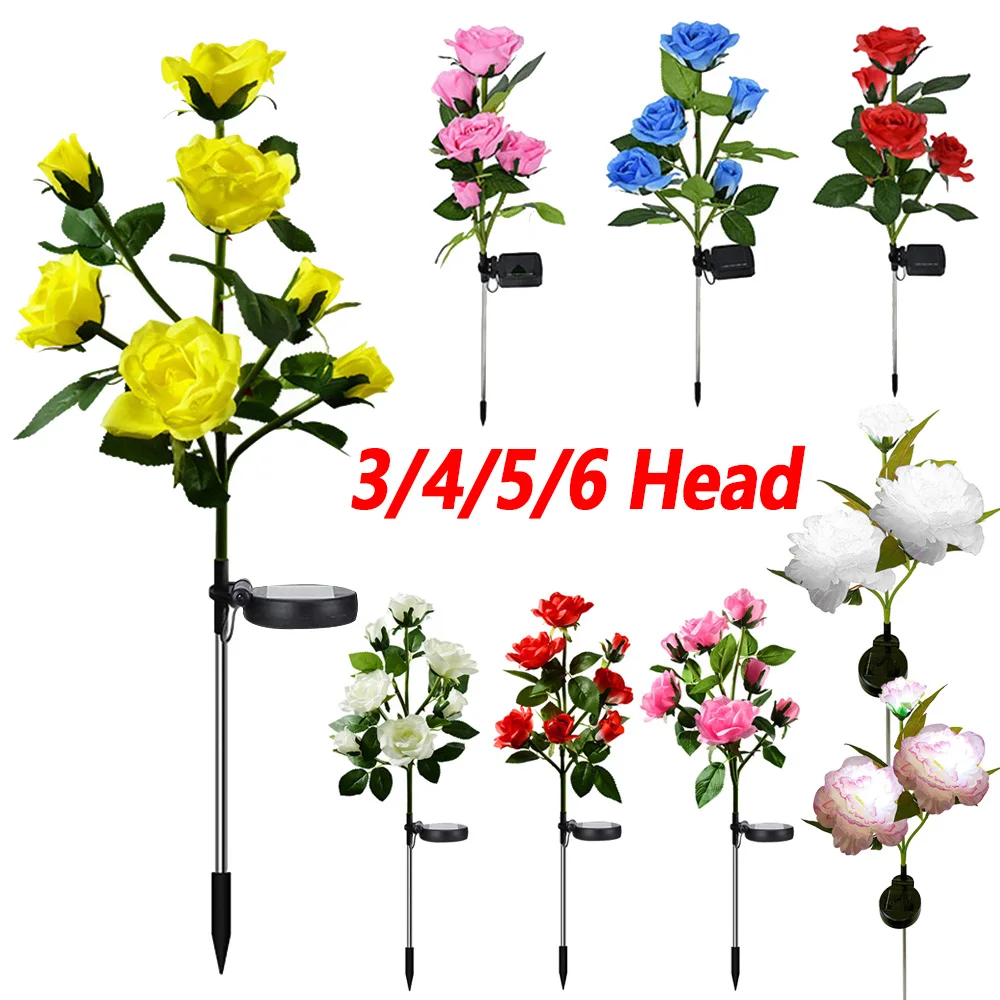 3/4/5/6 Head LED Solar Simulated Rose Lights Garden Yard Patio Lawn Lamp Night Light Home Landscape Decoration Flowers Light