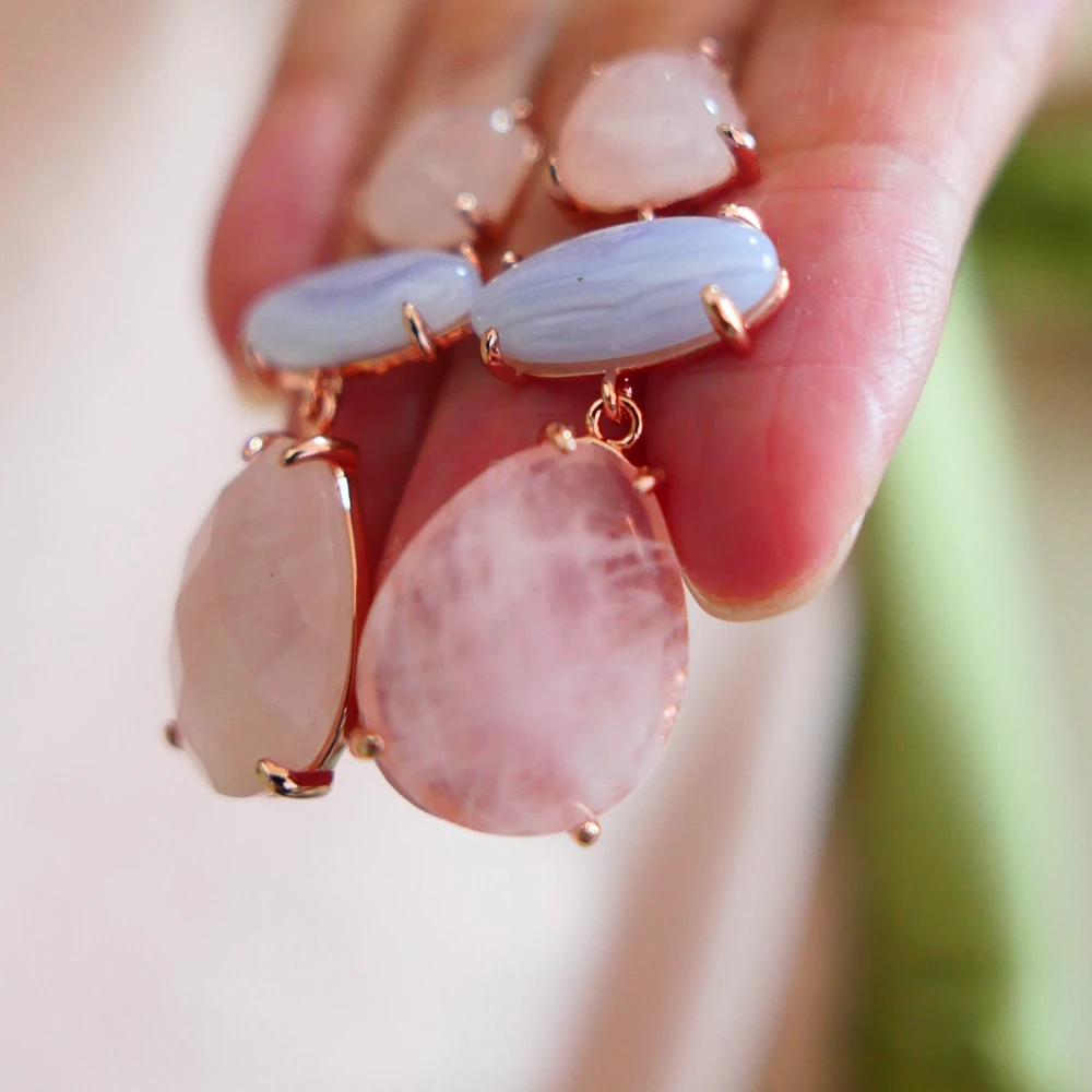 KQDANCE Natural Gem Stone Pink Rose Quartz Blue Agate Tear Drop Earrings Silver Pin Rose Gold Plated Jewelry Woman