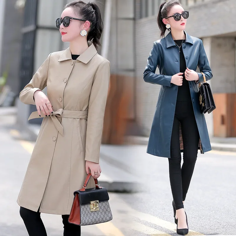 Mid-length Leather Jacket Women Clothes Single Breasted 2023 Spring Autumn Fashion Coat Slim Women's Windbreak Streetwear Femme