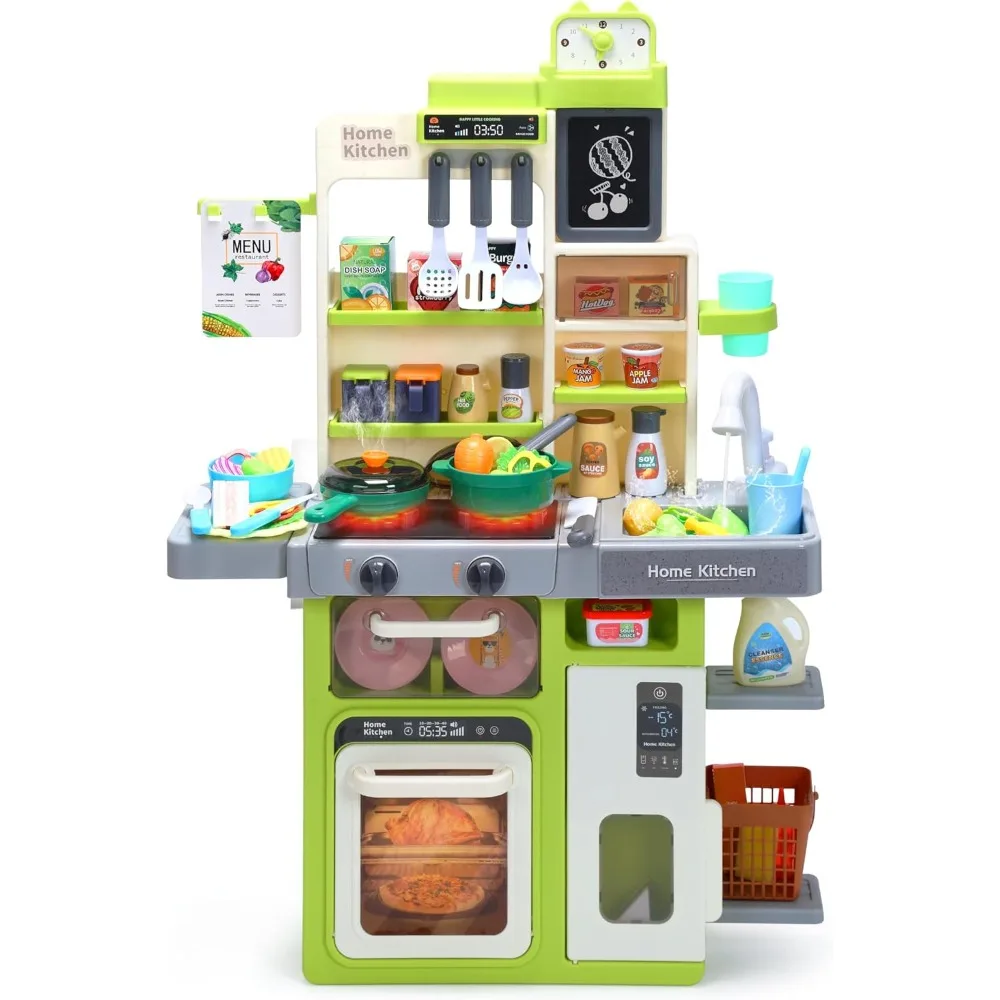 Juego de cocina con sonidos y luces para niños, juego de cocina de simulación, estufa de vapor, fregadero de juego y juego de comida