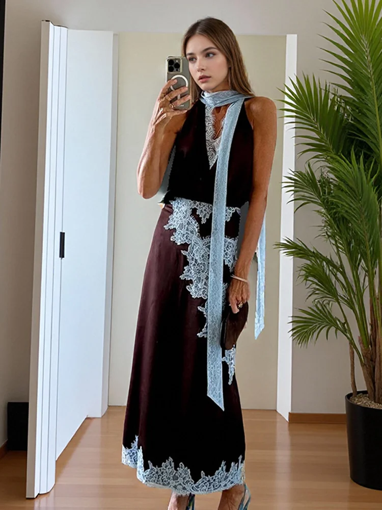 التباين المرقعة الدانتيل ماكسي تنورة دعوى المرأة الساتان الخامس الرقبة أكمام التنانير الدعاوى 2025 سيدة الصيف عادية اليومية 2 قطعة مجموعة