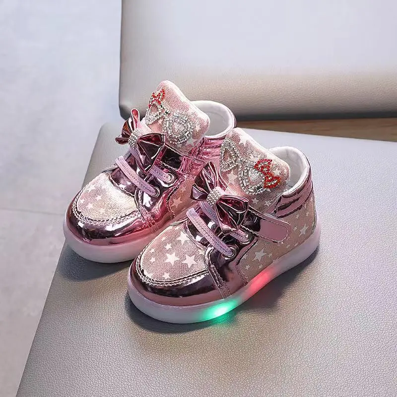 Kids LED Light Up Shoes Girls Bow Rhinestone Sneakers - Glowing Leather Ankle Boots, Luminous Board Shoes for Toddler Girls - Image 4
