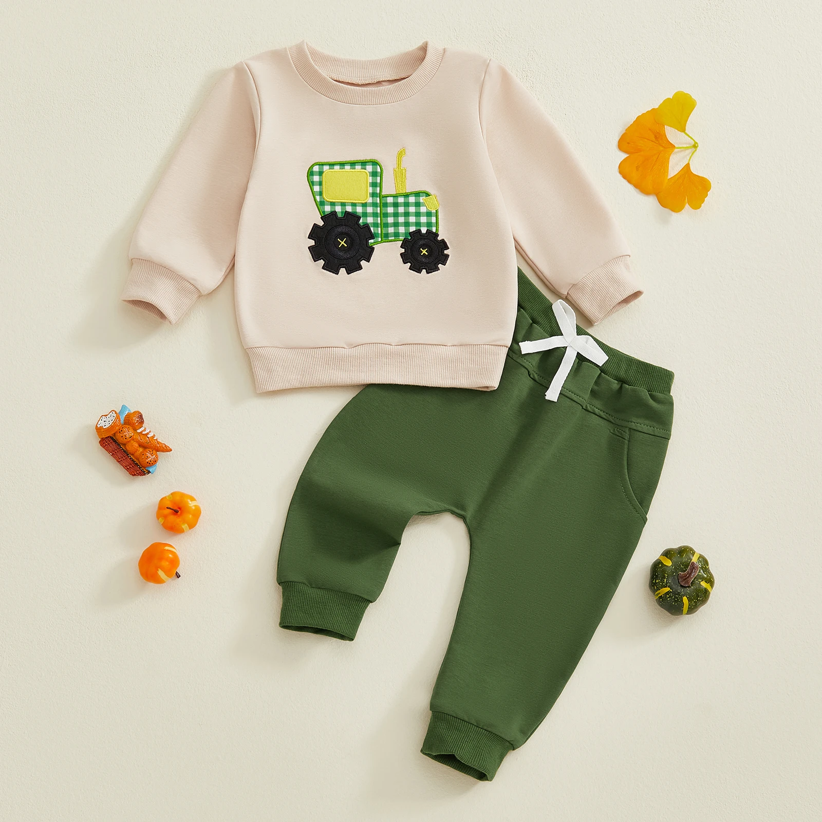 

Lioraitiin Toddler Boys Autumn 2Pcs Pants Sets Long Sleeve O Neck Tractor Embroidery Tops Solid Color Pants Sets