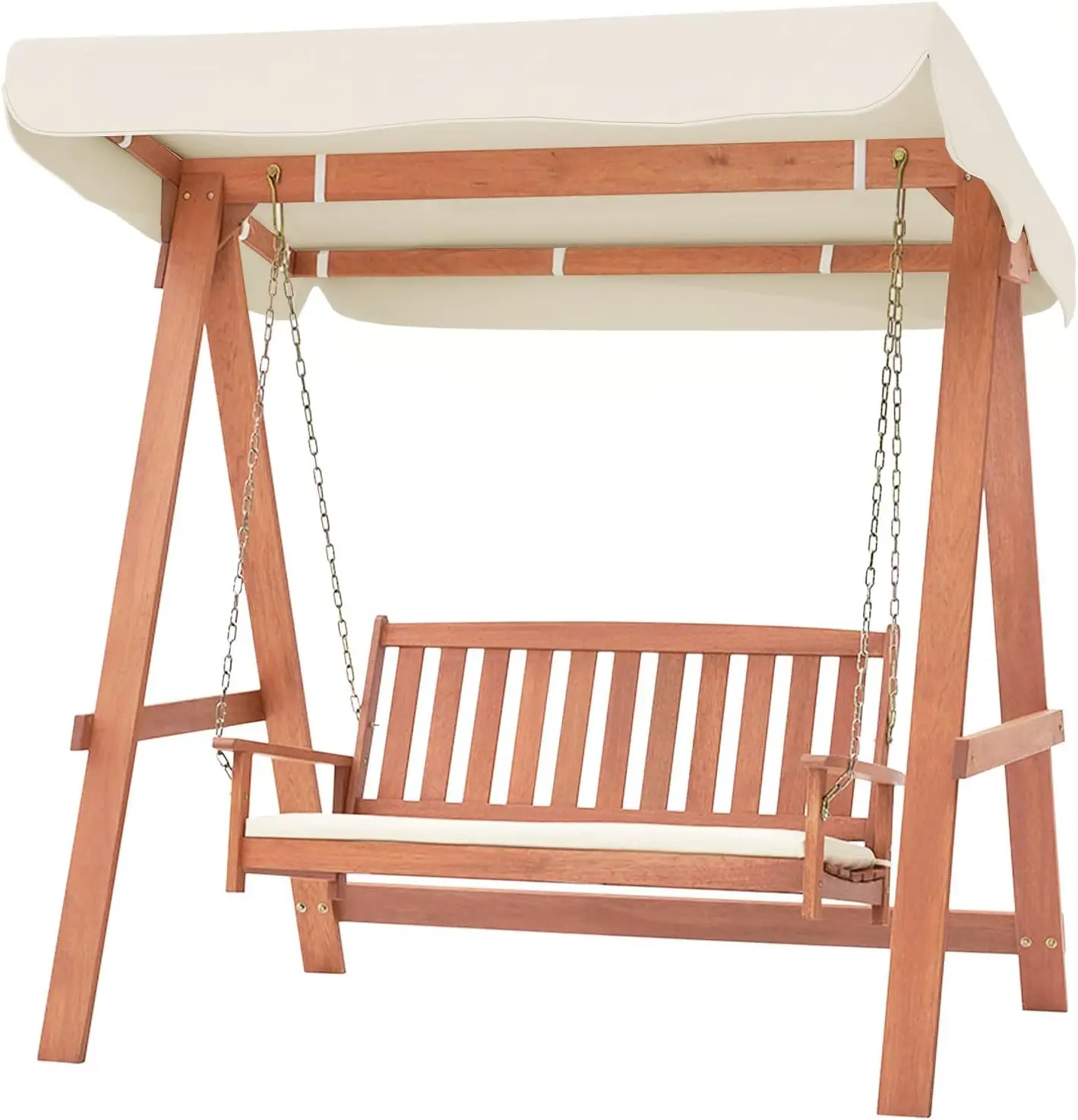 Tangkula 2 Person Porch Swing with Canopy, Wooden Patio Swing with Removable Cushion, Sturdy Metal Hanging Chains, Outdoor