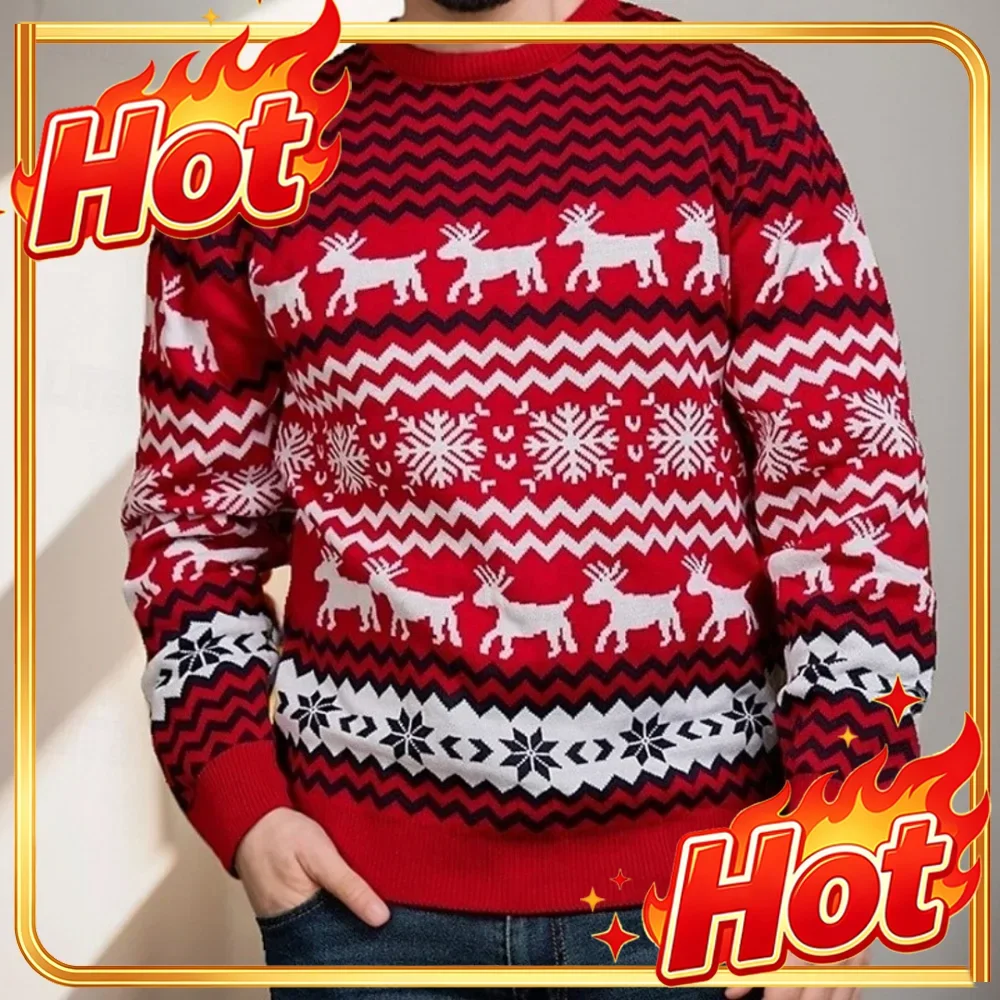 Suéter con temática navideña, jersey con estampado de renos, camiseta de Papá Noel para las fiestas, prenda informal para el otoño, con motivos de copos de nieve, ropa de invierno para hombre.