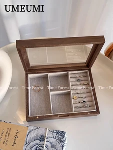 Kotak Perhiasan Kayu Solid Kenari HighEnd Retro dengan Penutup Kaca Akrilik Lapisan Linen Kotak Pajangan Penyimpanan Cincin Anting-anting Kalung 8 kotak kenari penjualan terbaik - №