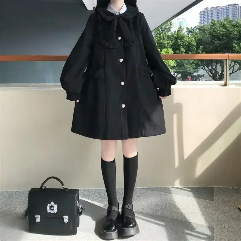 Coalfell Winter Warm Kawaii Sweet Coat Women White Japanese Cute Long Wool Coat Female Peter Pan Collar Loose Korean Overcoat