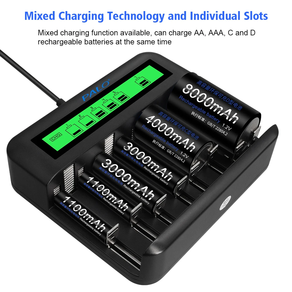 PALO 8 Slots LCD USD Charger for 1.2V AA AAA C D Size NIMH Rechargeable Battery LR3  LR6 LR14 LR20 Battery Smart Fast charger