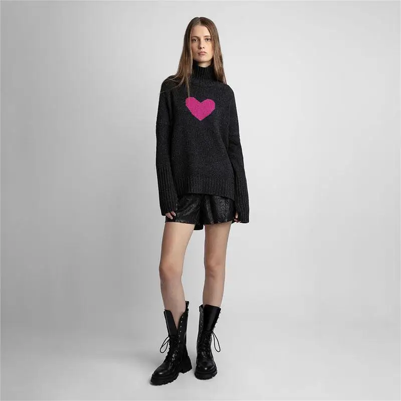 

Zadig Women Cashmere Jumpers Casual Pink Rose Heart Turtleneck Sweaters Female Loose Elegant Dark Grey Knitwears Tops Clothing