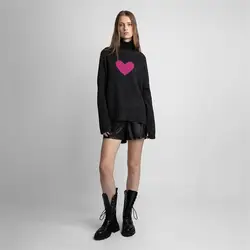 Zadig Women Cashmere Jumpers Casual Pink Rose Heart Turtleneck Sweaters Female Loose Elegant Dark Grey Knitwears Tops Clothing