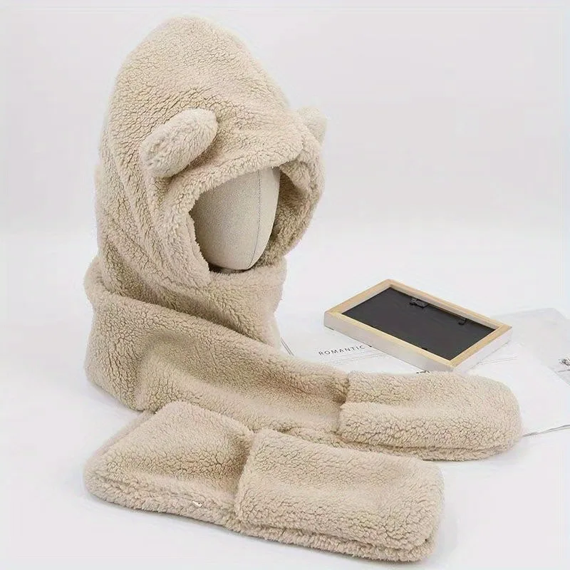 الدببة القطيفة الأذن قبعة وشاح قفاز مجموعة لينة الصوف الشتاء اكسسوارات الزي الدافئ للنساء المشي لمسافات طويلة الطقس البارد هدية عيد الميلاد