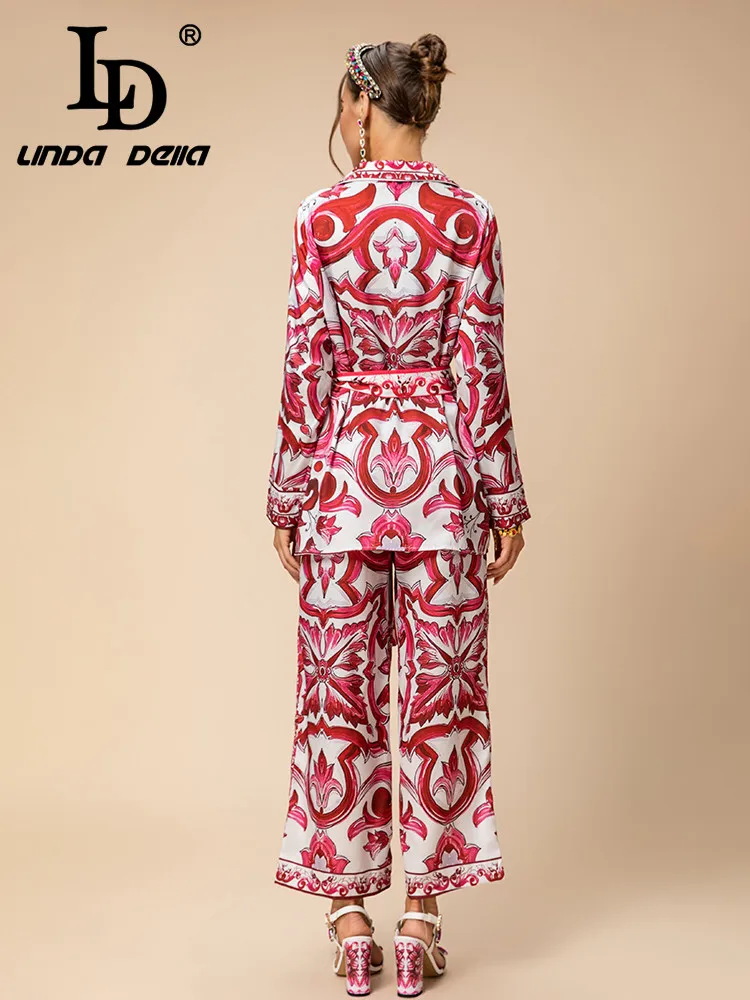 LD LINDA DELLA Autumn and Winter Set Women Red and White porcelain Print Belt Single-breasted Top+Straight Trouser 2 Pieces Set