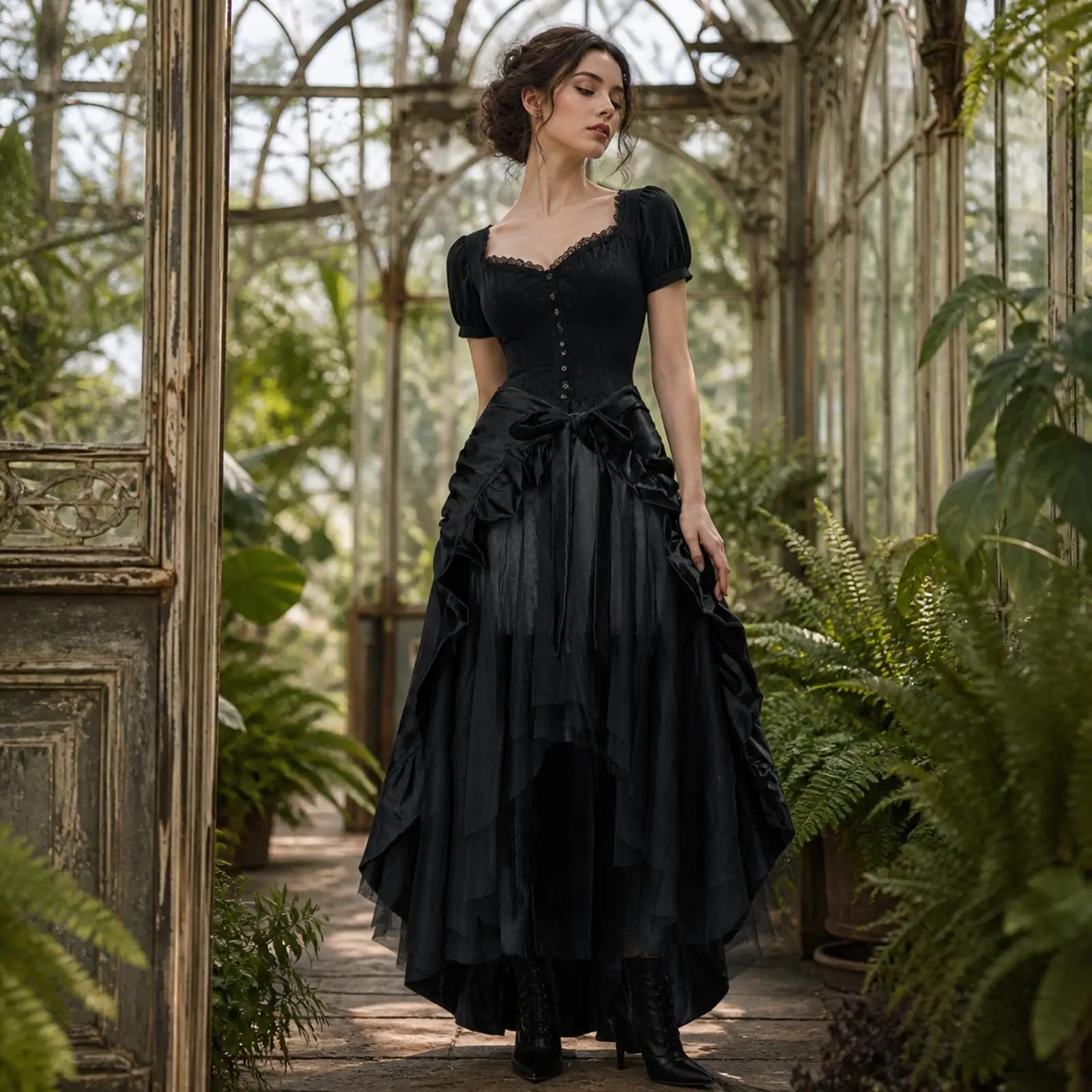 Womens High Waist Pirate Skirt Layered Draped Panels with Decorative Bow for Casual Dance and Vintage Look