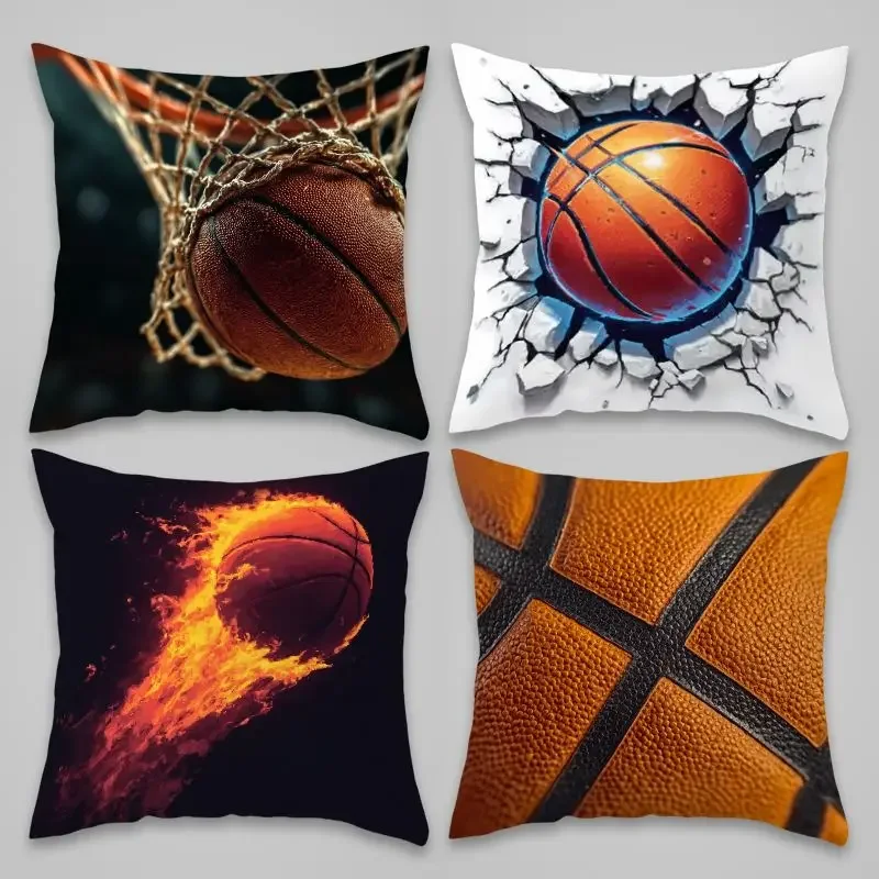 Set of 4 Throw Pillow Covers Featuring Basketball Themes: Net, Cracked Surface, Flaming Ball, and Grid Pattern