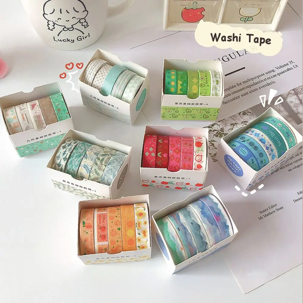 5Rolls/box Adhesive Stationery Journal Basic Pattern Washi Tape Masking Tape Set DIY Scrapbooking