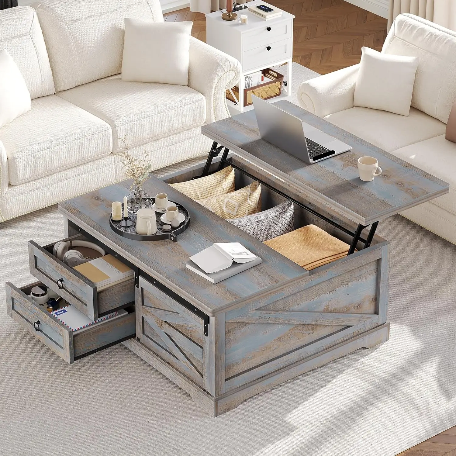 

39.4'' Lift Top Coffee Table with Storage, Farmhouse Coffee Tables for Living Room, Square Coffee Table with Large Hodden Compar
