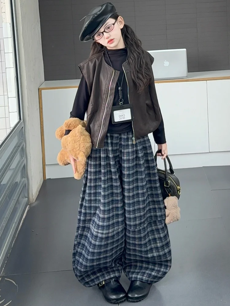 

Girls Casual Outfit Spring Autumn Plaid Pants Vest Tee Piece Set Children's Faion Korean Sle Long Sve Cotton Clothes