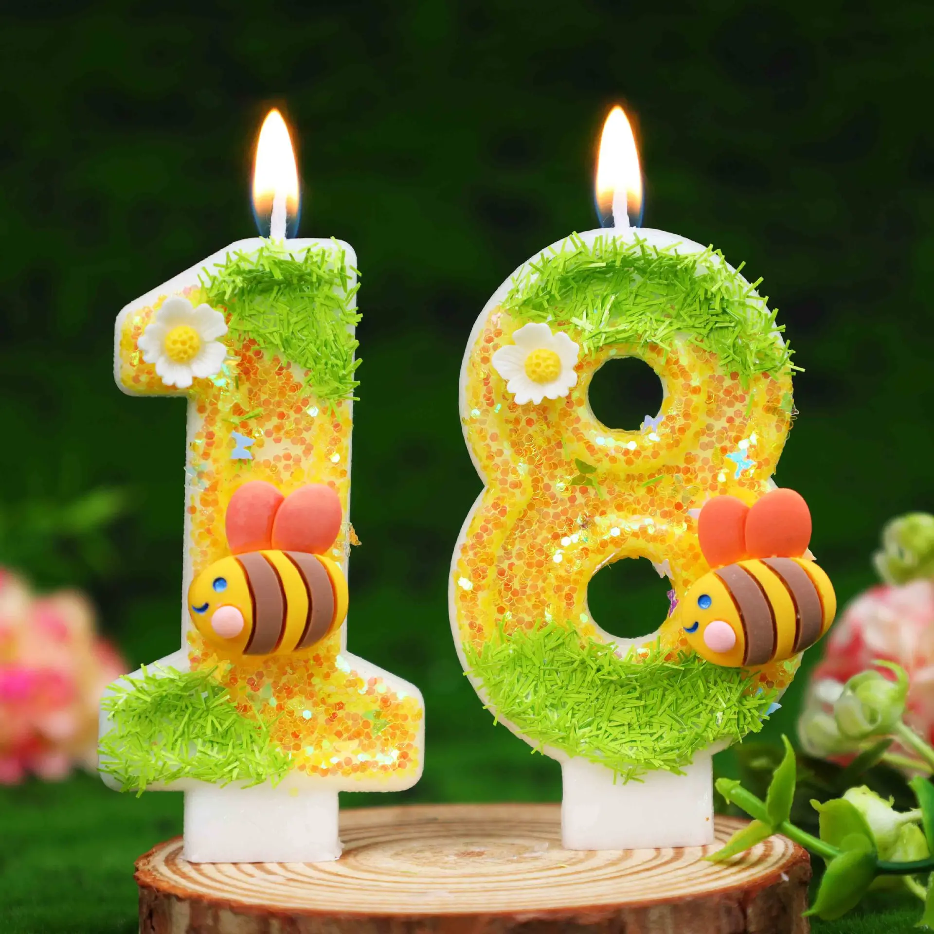 Vela Digital creativa con diseño de flor de abeja, serie verde, vela para fiesta de pastel de cumpleaños, complemento fresco