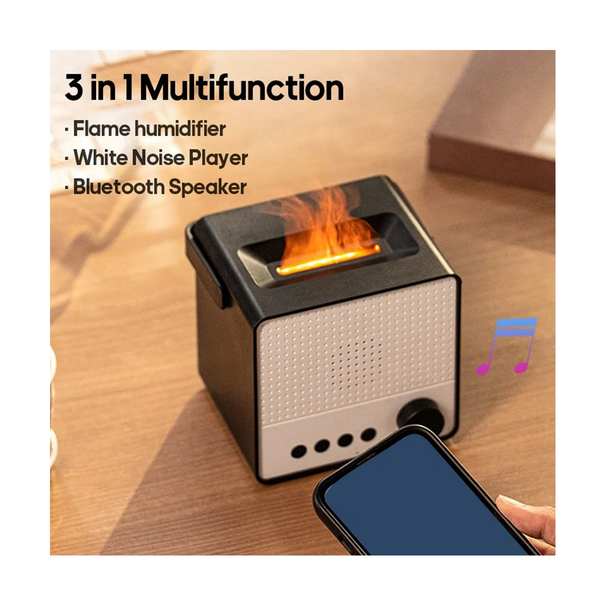 เครื่องกระจายกลิ่นเปลวไฟแบบพกพาไร้สายเครื่องเพิ่มความชื้นในอากาศ Essential เครื่องเล่นเสียงสีขาวเครื่องช่วยการนอนหลับลำโพง BT