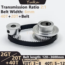 2GT 2M 20 40Teeth GT2 20T 40T 2:1 Timing Pulley Belt Kit Bore 3~12mm Belt Width 6mm Tensioning Wheel Synchronous Pulley Belt Set