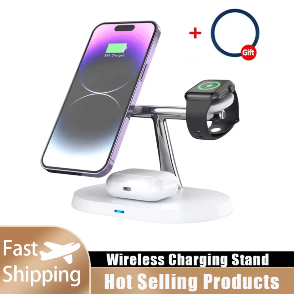 

Быстрая зарядная станция 3-в-1: магнитная беспроводная зарядка для Magsafe iPhone 17, 16, 15, 14, 13, 12, Apple Watch 8, 7, 6, Airpods Pro