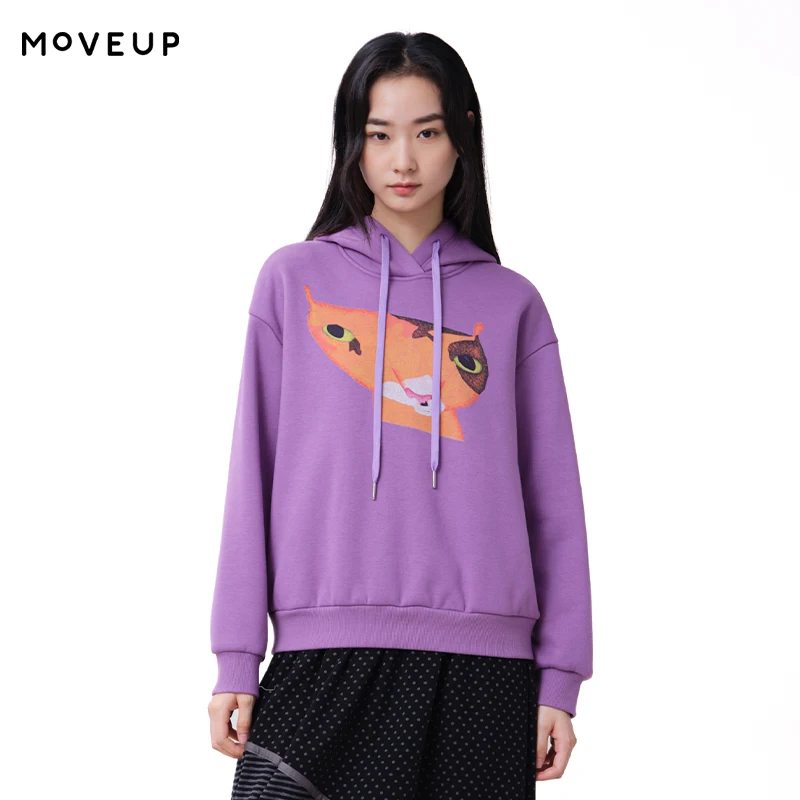 MOVEUP Women's Hoodie Fleece Lined Thickened Cat Print Cropped Sweatshirt FUN Series 2026 Winter Casual Warm Clothing 3ELD11438