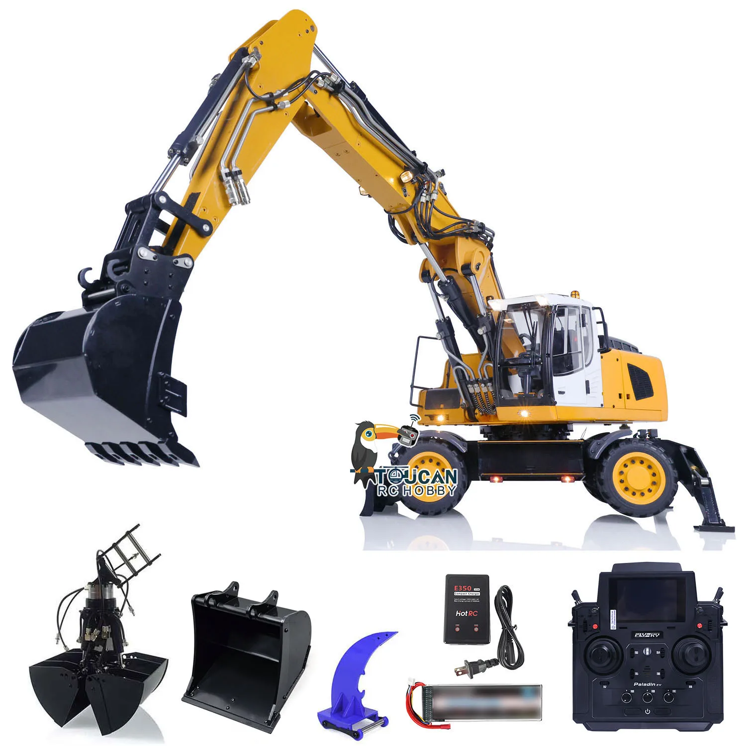 R946 1/14 Hydraulic Remote Control Excavator Wheeled Digger Clamshell Bucket Ripper Sounds