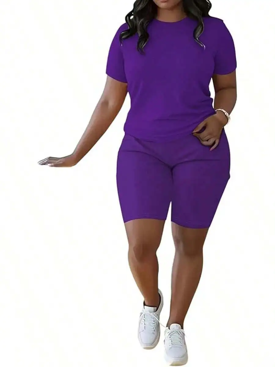 

Women 2 Piece Outfit Summer Short Sleeve Top And Biker Shorts Set