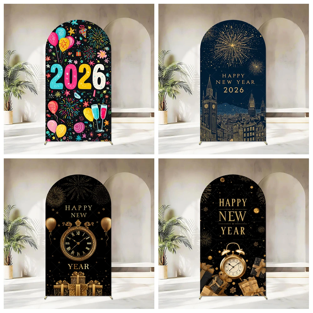 

Happy New Year Balloon Gift Clock Decoration Men and Women New Year's Eve Ball Holiday Party Arched Background Photo Props
