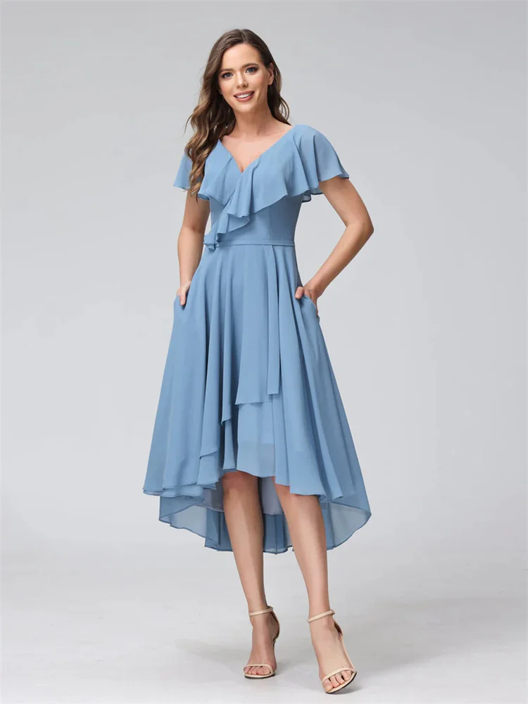 

A-Line V-Neck Short Sleeves Asymmetrical Chiffon Bridesmaid Dresses With Pockets Dresses for Weddings Woman Elegant Guest