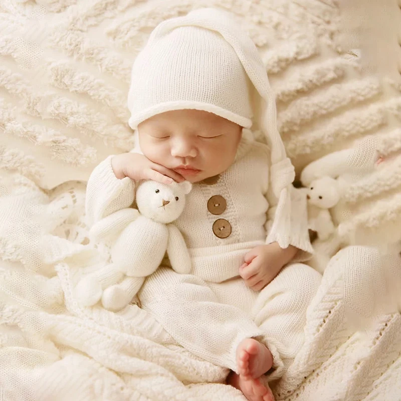 Knitted Newborn Photography Clothing Baby Boy Jumpsuit Hat Set Studio Baby Photo Shoot Outfit Infant Photography Accessories