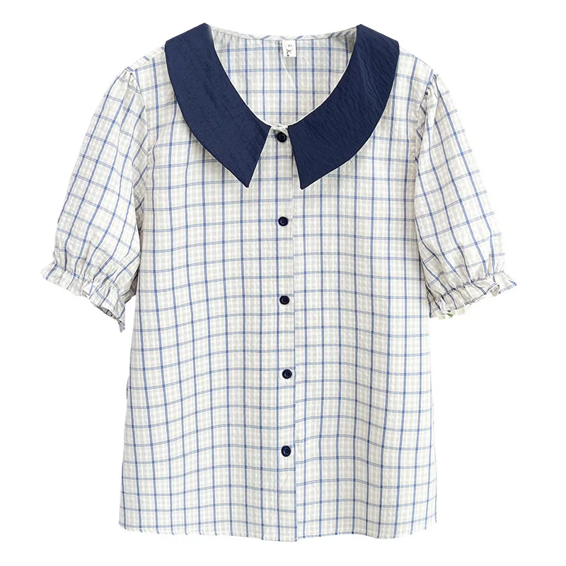 

Летние новые модные шикарные блузки больших размеров, женская одежда контрастного цвета, тонкая рубашка в клетку с пышными рукавами и воротником «Питер Пэн» 806