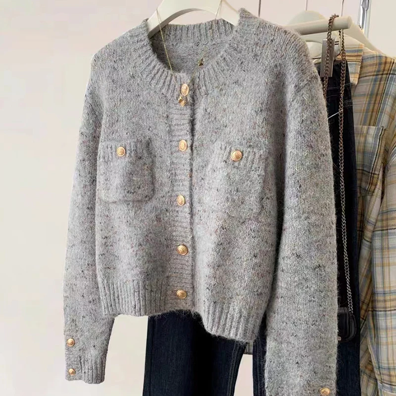 Buttons Up Gray Cardigan Sweater Coat Female Knit Long Sleeve V-Neck Elegant Office Sweater Solid Jacket Autumn Winter 2023