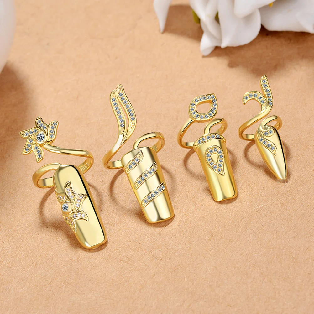 4 Pcs Fingernail Cap Ornament Jewelry for Women Rings Rhinestone Shaped Fashion Diamond Ladies