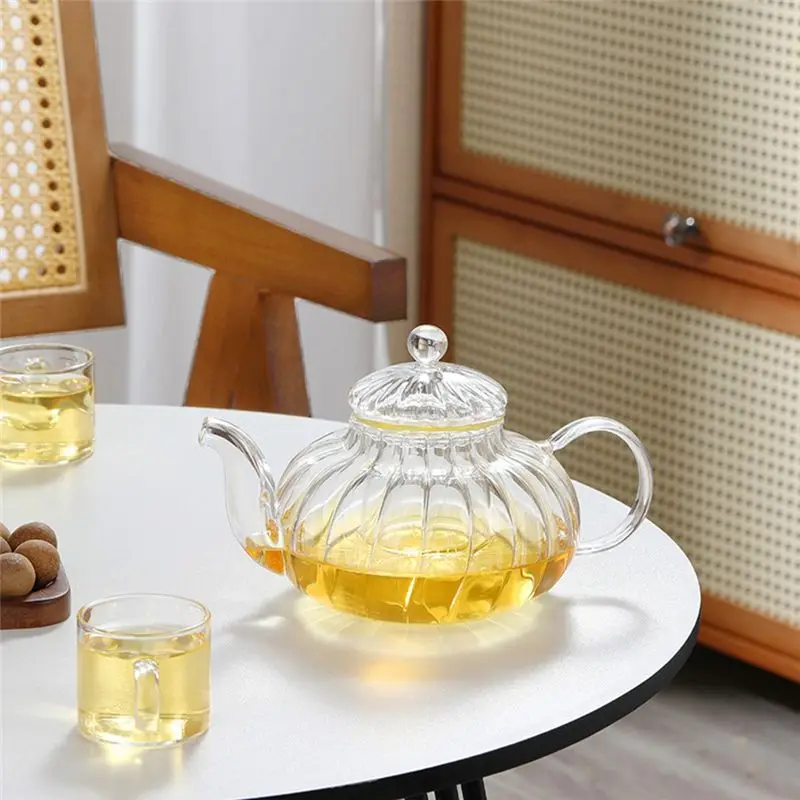 Glass Pot Striped Flower Tea Cup With Infuser Tea Leaf Pumpking Shape Flower Teapot Glass-Hot