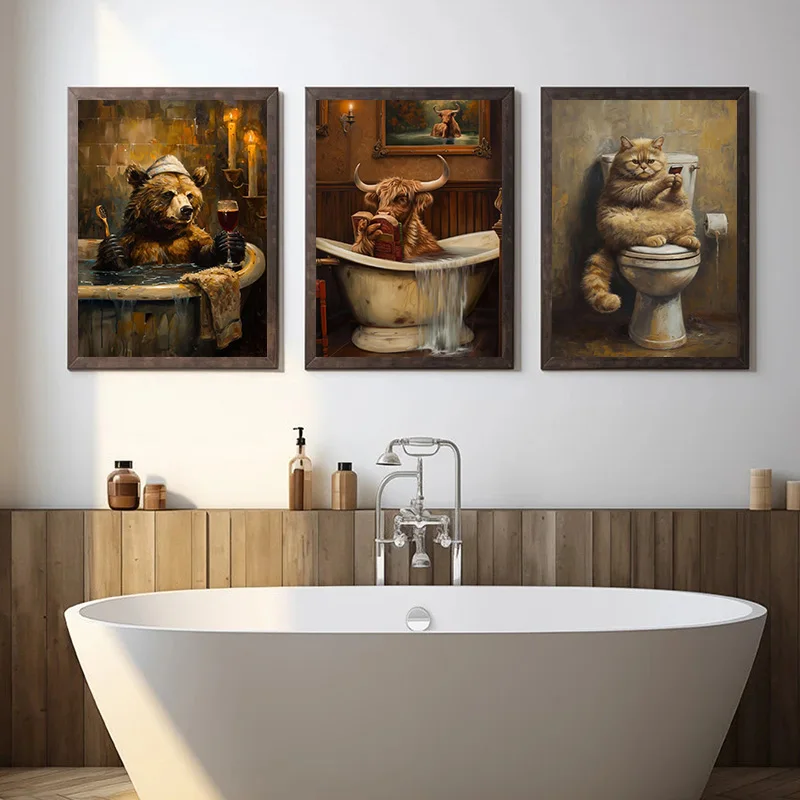 Highland Cow Bathtub Book Cat Toilet Mobile Phone Poster Print Canvas Painting Retro Wall Art HD Picture For Bathroom Home Decor