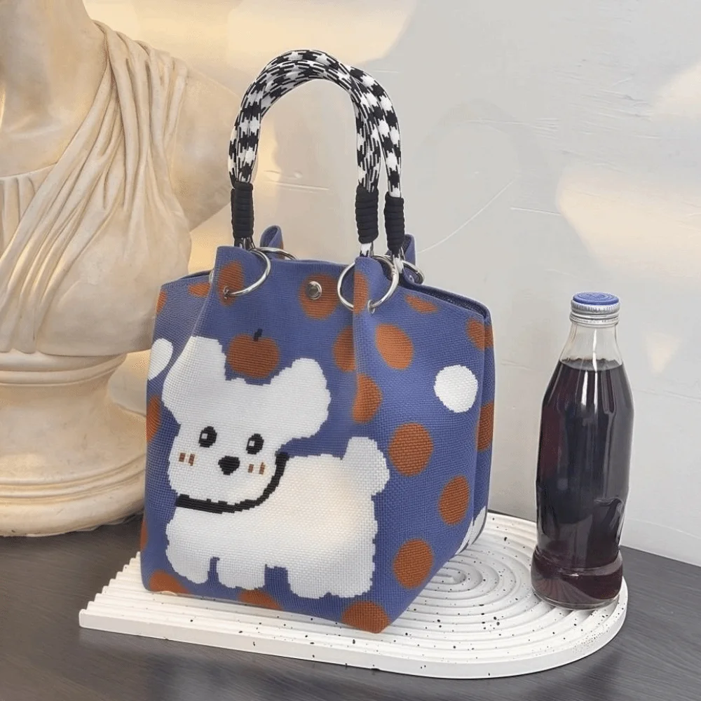 กระเป๋าถักมือดีไซน์ไม่ซ้ำใคร ลายสุนัข จุของได้เยอะ สะพายไหล่ หัวเข็มขัดแบบวงแหวน ลายจุดการ์ตูน กระเป๋าคล้องมือสำหรับผู้หญิง