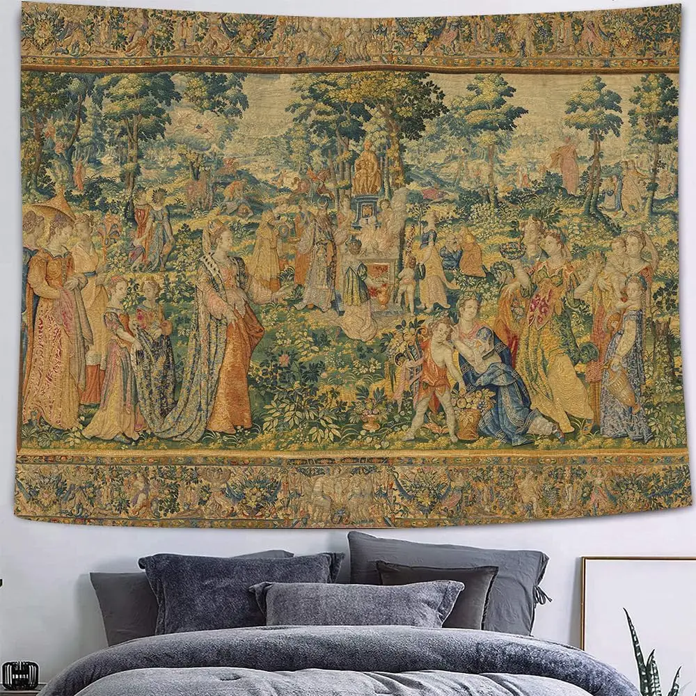 Antique Court Garden Tapestry, Renaissance Style Figures in Ornate Gowns & Floral Border Print Wall Hanging for Bedroom Decor