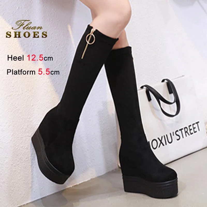 

2025 Длинные сапоги, увеличивающие рост, женские черные сапоги до колена на очень высоком каблуке 12,5 см, модные эластичные плюшевые высокие сапоги