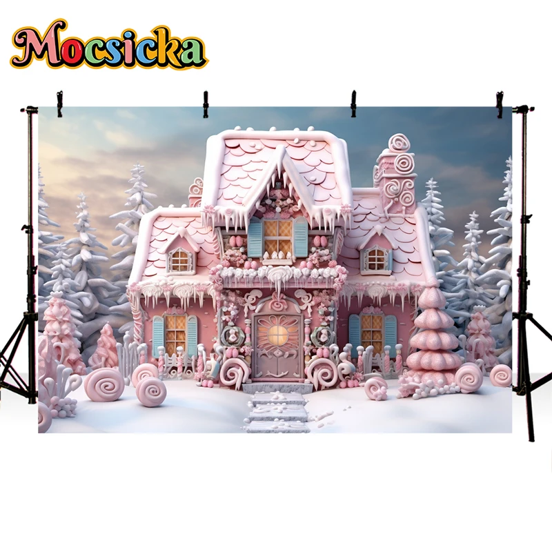 Mocsicka الوردي كاندي البيت خلفيات للتصوير الفوتوغرافي الشتاء غابة الثلج شجرة عيد الميلاد خلفية الأسرة ديكور الحفلات راية التصوير الفوتوغرافي